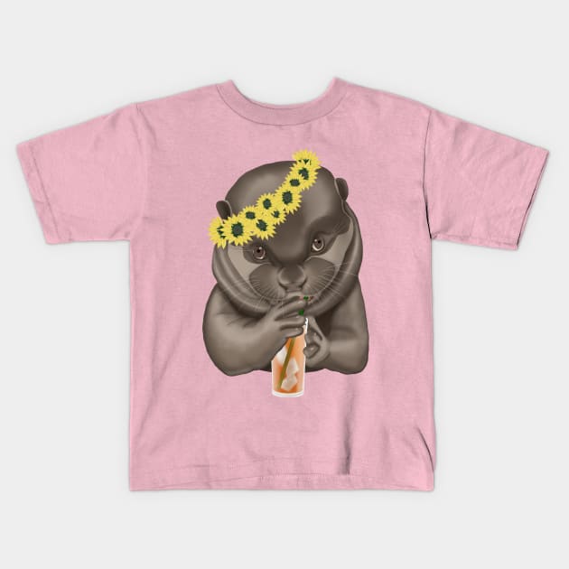 Cute otter with a cocktail and a wreath on his head. Kids T-Shirt by KateQR